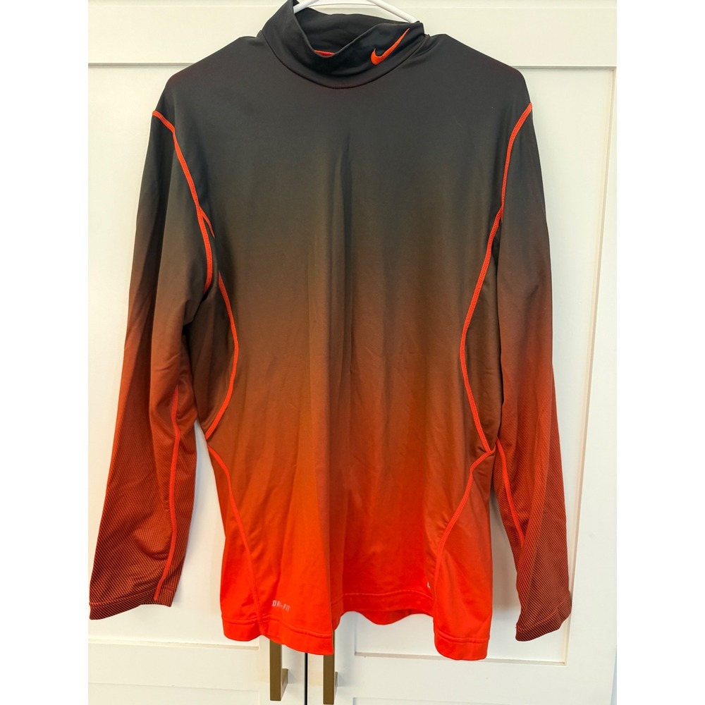 Nike Pro Combat Dri-FIT Ombre Mock Neck Long Sleeve Shirt Mens L Black Orange